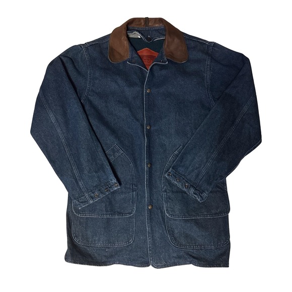 Woolrich Jackets & Blazers - Vtg Woolrich Denim Barn Coat Leather Collar Striped Wool Lining Jacket Small
